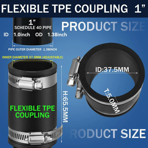 Diagram of 1 inch flexible TPE coupling with stainless steel clamps for plumbing, labeled dimensions and features visible.