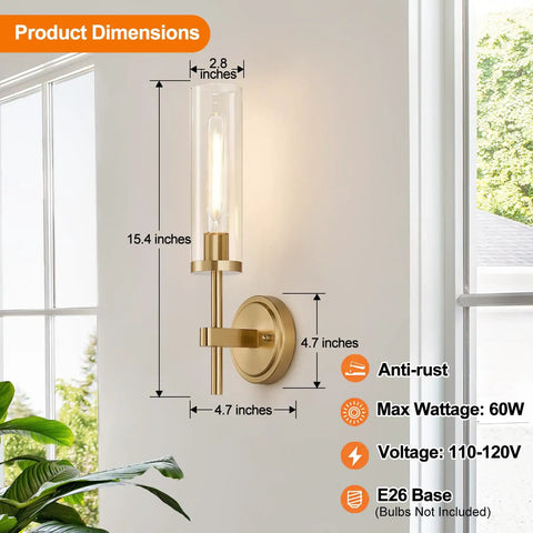 Modern Brushed Gold Wall Sconces Set Of Two With Clear Glass Hardwired Adjustable Up Or Down Vanity Light Fixture For Bathroom Smooth Vibe Upgrade dimensions shown on wall.