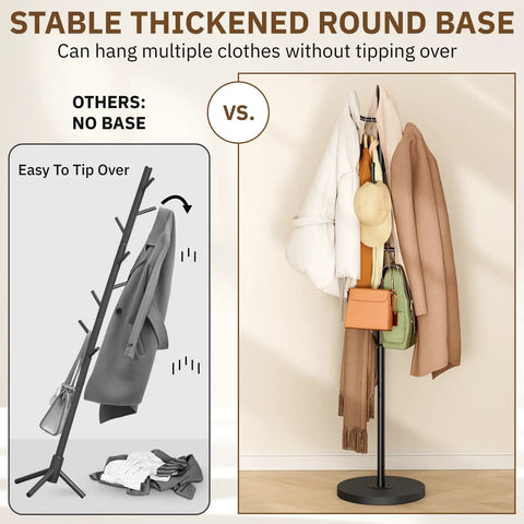 Heavy Duty Freestanding Coat Rack With Solid Wood Base And Metal Coat Tree 6 Hook Hanger Stand comparison with no base