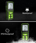 Workhorse Laser Distance Meter With 328 Ft Range, Rechargeable Battery, showing waterproof and dustproof features
