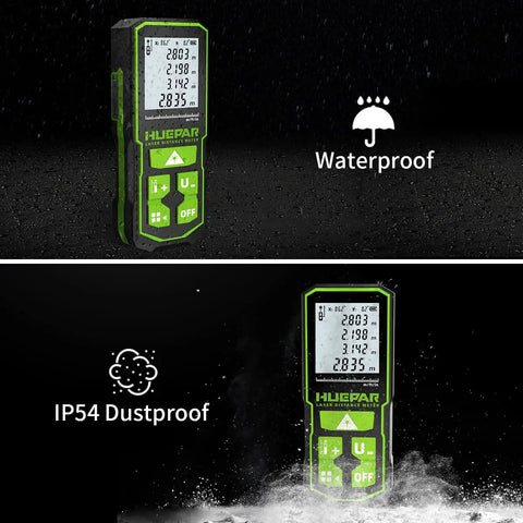 Workhorse Laser Distance Meter With 328 Ft Range, Rechargeable Battery, showing waterproof and dustproof features