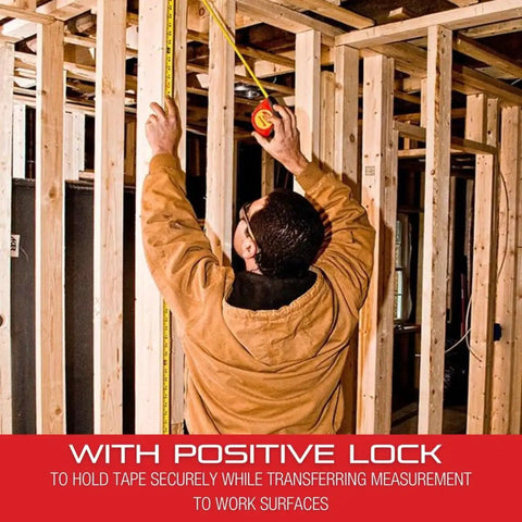 Person measuring wooden framing with Exact Retractable Imperial And Metric Pocket Tape Measure, 12-foot length