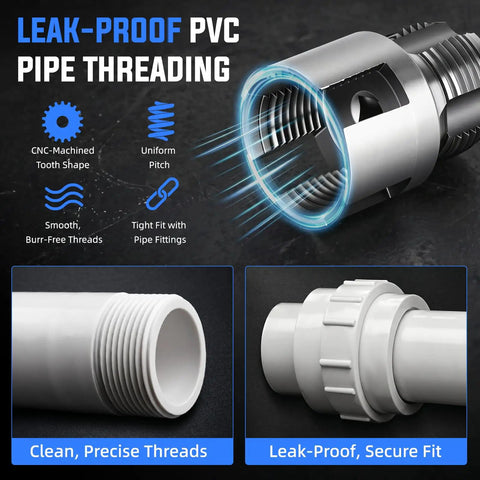 All In One Internal And External Pipe Threading Kit For One Half Inch Three Quarter Inch And One Inch PVC Pipes Heavy Duty Alloy Steel Electric Drill Compatible Includes Storage Case For Plumbing And Home Repair, CNC-machined threads on PVC pipe