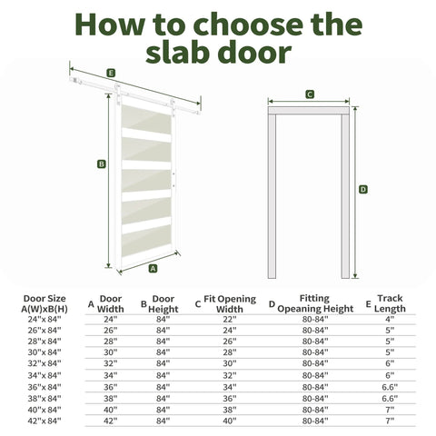 Diagram showing dimensions for Heavy Duty Sliding Frosted Glass Barn Door With Five Panel Design And Full Roller Track Hardware.