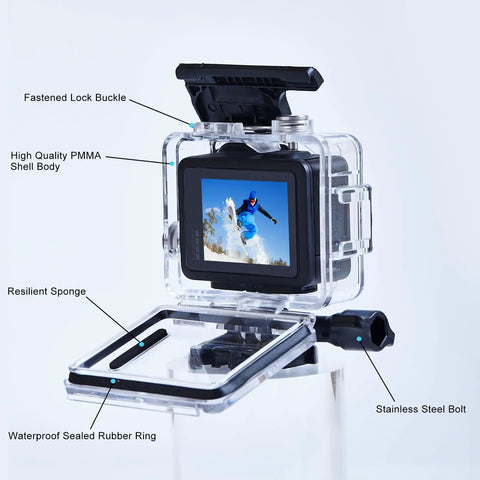 60m Waterproof Case For Hero 4K Action Camera Underwater Housing With Mount 196ft Depth Rugged Shell Kit showing open case