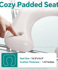 Heavy Duty Aluminum Toilet Seat Riser For Seniors With Sturdy Handle Bars And Thick Memory Padded Cushion Takes 400 Pounds No Sweat Install Quick Bathroom Swap, close-up of cushioned seat showing size and thickness.