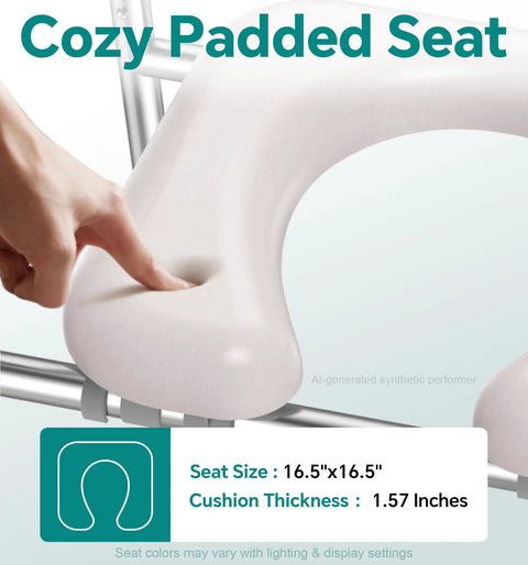 Heavy Duty Aluminum Toilet Seat Riser For Seniors With Sturdy Handle Bars And Thick Memory Padded Cushion Takes 400 Pounds No Sweat Install Quick Bathroom Swap, close-up of cushioned seat showing size and thickness.