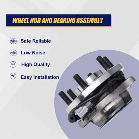 Close-up of Front Wheel Bearing And Hub Assembly For 2WD And RWD Nissan Frontier 2005 To 2018, Pathfinder 2005 To 2012, Xterra 2005 To 2015, Suzuki Equator 2009 To 2012, 6 Lug Bolts, ABS Ready, 2 Pack showing six lug bolts and ABS sensor.