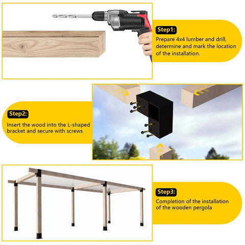 Two Pack 3 Way Pergola Brackets For 4x4 Wood Beams 3.5x3.5 Inches L Shaped Right Angle Corner Brackets Indoor Outdoor DIY Easy Install Pavilion Gazebo Porch Deck Cabin Sturdy Heavy Duty Steel Matte Black Coat Weather Resistant