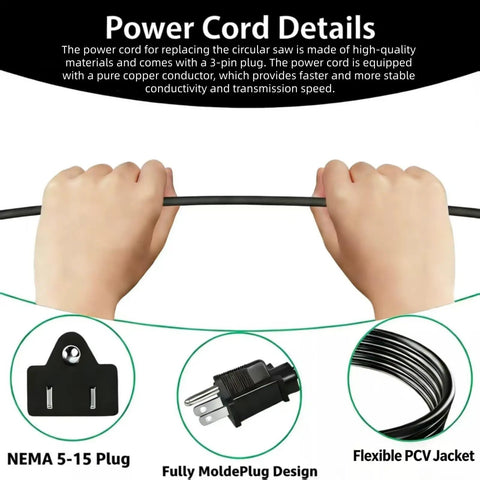 Hands holding heavy duty circular saw power cord replacement part 95104L with NEMA 5-15 plug and flexible PVC jacket.