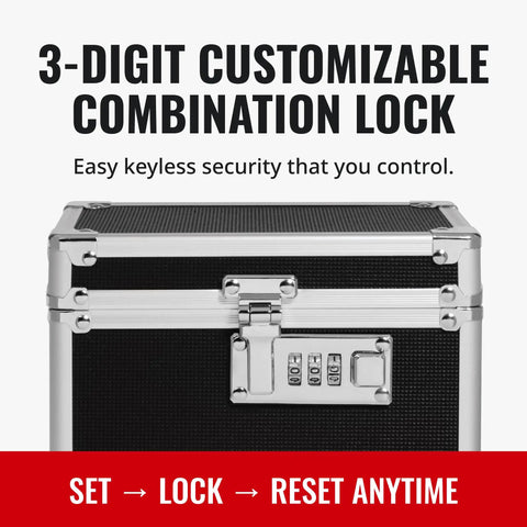 Locking Medicine Box With Combination Lock For Safe Medication Storage Portable Metal Lock Box For Pills And Valuables Small Code Protected Storage Case Black showing 3-digit lock panel; text: '3-Digit Customizable Combination Lock, Easy keyless security that you control.'