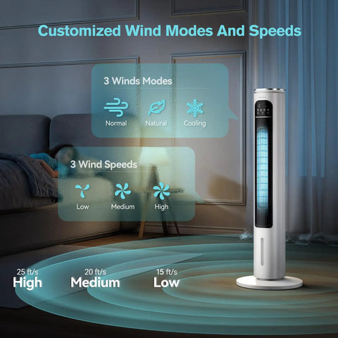 Turbocharged Evaporative Air Cooler Tower Fan With Remote, 37.7 Inches Tall, showing wind modes and speeds in home setting