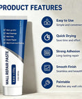 DIY Wall Repair Paste Kit With Scraper And Sandpaper Fast Drying Drywall Patch Paste For Holes And Cracks Multi Purpose Mending Paste 3 Piece Set With Nozzle Extender Ideal For Quick Home Wall Fixes tube with features list