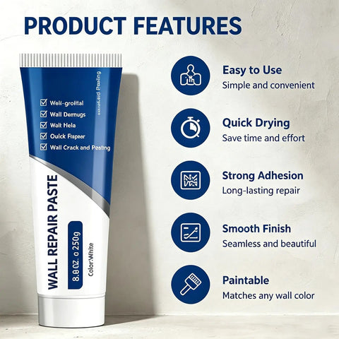 DIY Wall Repair Paste Kit With Scraper And Sandpaper Fast Drying Drywall Patch Paste For Holes And Cracks Multi Purpose Mending Paste 3 Piece Set With Nozzle Extender Ideal For Quick Home Wall Fixes tube with features list