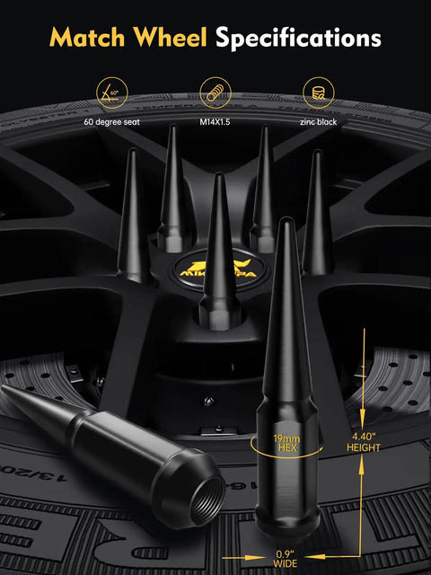 Spike Lug Nut Kit M14x1.5 for Chevy with black 4.4in spiked wheel nuts and measurement details