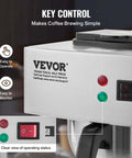 Close-up of 12 Cup Commercial Drip Coffee Maker With Thermal Vacuum Carafe Keeps Coffee Hot Or Cold All Day No Fuss For Restaurant Office Cafe Stainless Steel Brewer That Brews A Full Pot In About 9 Minutes, showing control buttons and stainless steel exterior.