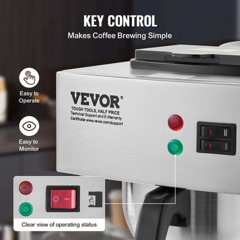 Close-up of 12 Cup Commercial Drip Coffee Maker With Thermal Vacuum Carafe Keeps Coffee Hot Or Cold All Day No Fuss For Restaurant Office Cafe Stainless Steel Brewer That Brews A Full Pot In About 9 Minutes, showing control buttons and stainless steel exterior.