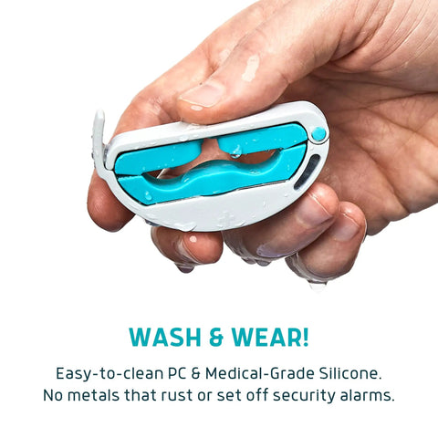 Versa Clamp For Men Incontinence Lightweight And Comfortable Support with Adjustable Pressure Knob in hand, wet for washing