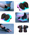 Color Gradient Adjustable Kids Bike Helmet With Knee And Elbow Pads Set For Multi Sport Safety Gear showcasing knee and wrist pads.