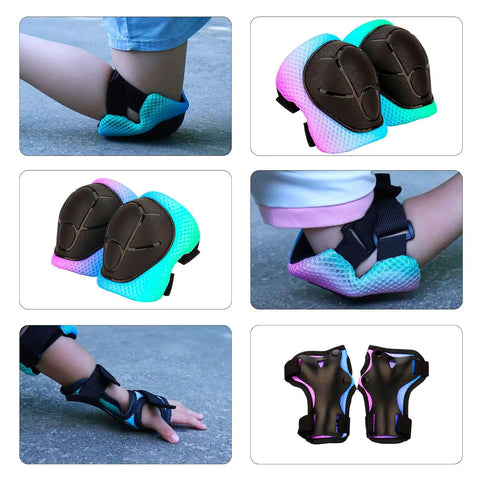 Color Gradient Adjustable Kids Bike Helmet With Knee And Elbow Pads Set For Multi Sport Safety Gear showcasing knee and wrist pads.
