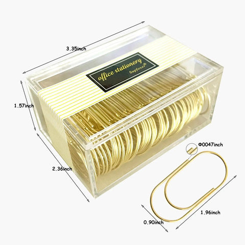 Giant Gold Paper Clips Pack 50mm Jumbo 1.97 Inch, 50 Count, Smooth Finish Steel Wire Clips in clear box with dimensions shown