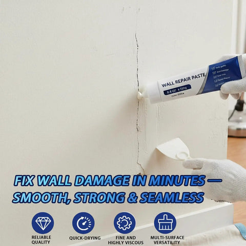 All-In-One Drywall Repair Kit With Scraper And Fast-Dry Paste used to fix wall crack, showing nozzle extender application.