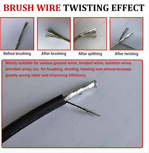 Auto Electric Wire Twister Stripper Machine For Shielded Cable Fast Untwisting Tool showing wire processing stages: brushing, splitting, twisting.