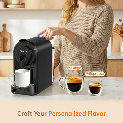 Upgrade Bafe Pro Espresso Machine For Nes Original Pods At Home 20 Bar Pump Fast Extraction Espresso And Lungo Coffee Maker with cup and drinks next to it on countertop.
