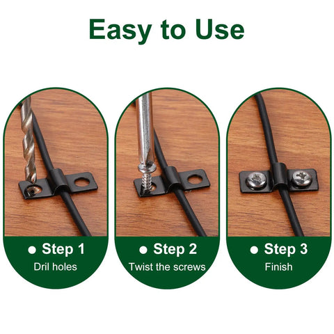 Steps showing installation of 100 Pack U Shaped Pipe Clamps 3mm Diameter 2 Hole Strap Brackets for Conduit Cables and Wires