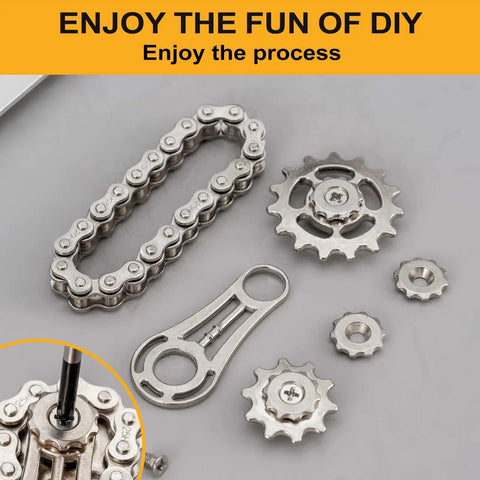 Two Pack Bicycle Chain Gear Fidget Spinner For Stress Relief And Focus Desk Toy For Kids And Adults Portable Office Or Travel Spinner Durable Metal Chain Gear With Smooth Stainless Bearings For EDC showing dismantled parts.