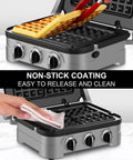 Heavy Duty Replacement Waffle Plates Compatible With Standard Contact Grills, nonstick surface shown with waffle and cleaning cloth.