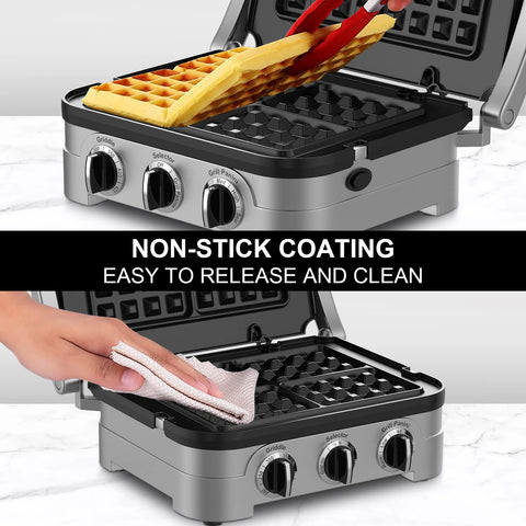 Heavy Duty Replacement Waffle Plates Compatible With Standard Contact Grills, nonstick surface shown with waffle and cleaning cloth.