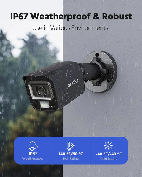 Outdoor camera from All In One 16 Channel HD TVI Security Camera System with IP67 weatherproof rating, mounted on wall.