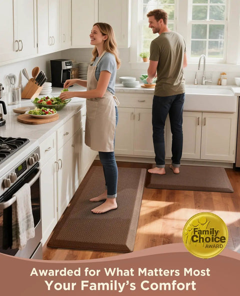Two people standing on Anti Fatigue Kitchen Floor Mat 20 By 32 Inches Three Quarter Inch Thick Cushioned Ergonomic Standing Pad