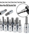 3/8 Inch Hex Bit Socket Set With Sturdy Allen Key Drivers For Rusty Bolts Durable Impact Metric Tool Kit To Save Labor In Tight Spots. chrome vanadium hex bit sockets 2-10mm