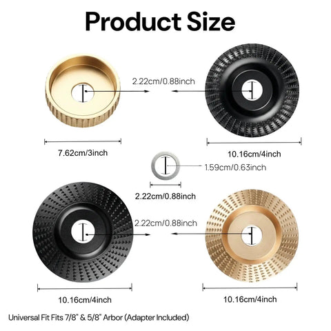 Four metal discs from a 7 Piece Angle Grinder Wood Carving Disc Set For Four Inch Or Four And A Half Inch Grinders With Five Eighth Inch Arbor.