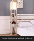 Cozy Rustic Wood Shelf Floor Lamp With Shade And Built-In 9W LED Bulb in a bedroom beside a bed