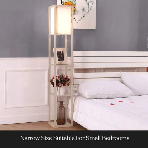 Cozy Rustic Wood Shelf Floor Lamp With Shade And Built-In 9W LED Bulb in a bedroom beside a bed