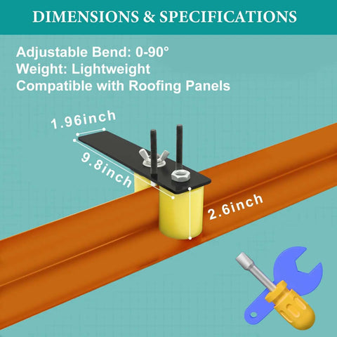Diagram showing the Heavy Duty Sheet Metal Bender Tool for Roofing with dimensions and specifications for adjustable bends 0-90°.