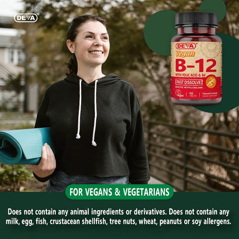 High Potency Vegan B12 Tablets With Folic Acid and B6 For Steady Energy And Brain Boost Fast Dissolving Tabs To Help You Power Through Your Daily Grind And Slam Fatigue Shut 90 Count with a smiling woman holding a yoga mat outdoors.