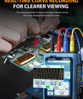 Upgraded SG-003A Signal Generator Simulator in use with probes on a circuit board, displaying real-time curve tracking and data.