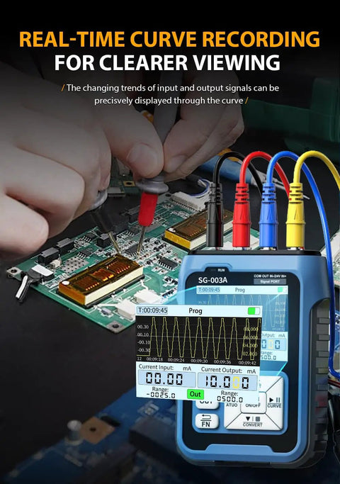Upgraded SG-003A Signal Generator Simulator in use with probes on a circuit board, displaying real-time curve tracking and data.