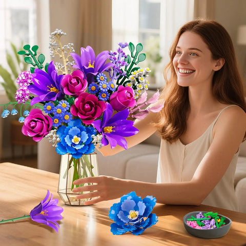 21 Flower Bouquet Building Kit With Lights For Adults And Teens 8 12 Plus Realistic Floral Set With Roses Lilies Daisies Hydrangeas Eucalyptus Gypsophila And More For Creative Decorating Gifts And Hands On Craft Fun, assembled bouquet in vase