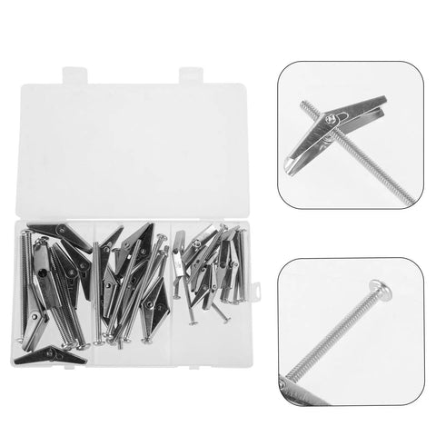 24-Piece Toggle Anchors And Wing Nuts Bolts Kit For Drywall And Furniture Mounts, Galvanized Iron, shown in open box
