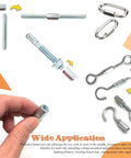 Twenty Pack One Quarter Inch Twenty Thread Hex Coupling Nuts Zinc Plated Heavy Duty Extended Hexagon Rod Connectors For All Threaded Rods Eyebolts Wedge Anchors Chain Link Hardware Kit shown with threaded rods and eyebolts.