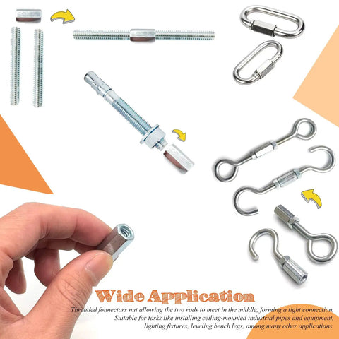 Twenty Pack One Quarter Inch Twenty Thread Hex Coupling Nuts Zinc Plated Heavy Duty Extended Hexagon Rod Connectors For All Threaded Rods Eyebolts Wedge Anchors Chain Link Hardware Kit shown with threaded rods and eyebolts.