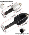 Keyless Drill Chuck Set One Quarter Inch Hex Shank Quick Change Converter For Impact Drills Includes 2 Pieces With 0.3 To 8mm And 0.3 To 3.6mm Clamping Ranges Fast Change Drill Adapter Extension, shown in black and silver with measurements.