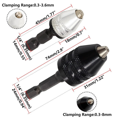 Keyless Drill Chuck Set One Quarter Inch Hex Shank Quick Change Converter For Impact Drills Includes 2 Pieces With 0.3 To 8mm And 0.3 To 3.6mm Clamping Ranges Fast Change Drill Adapter Extension, shown in black and silver with measurements.