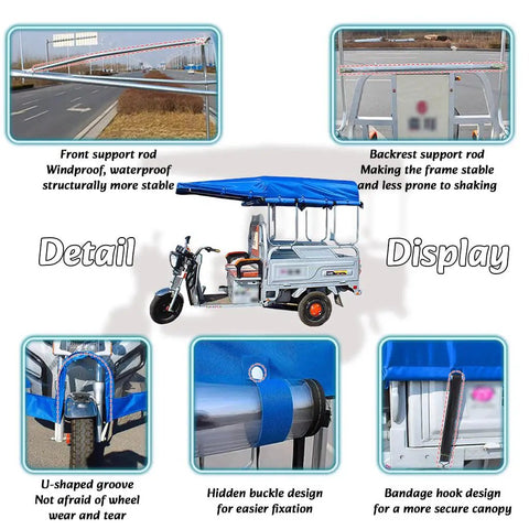 All Season Electric Cargo Trike Canopy With Full Enclosure Rain Curtain And Semi Enclosure For Summer, Heavy Duty Three Wheel Tricycle Tarpaulin Includes Thickened Frame, Eight Hose Clamps, Screwdriver And Wrench, Blue 59.1 By 39.4 Inches, blue cargo trike cover details