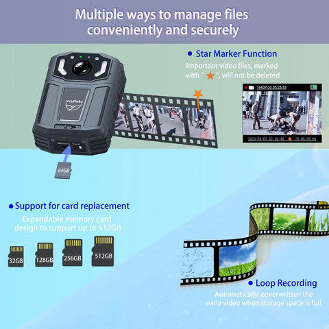 2K Body Camera With Dual Batteries And Charging Dock Delivering 1440P Legit Crisp Video With Night Vision And 14 Hour All Day Runtime Plus 64GB Memory Card For Patrol Security And Daily Carry showcasing file management features, 64GB card.